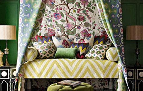 bedroom designed with Martyn Lawrence Bullard fabric Collection for Schumacher