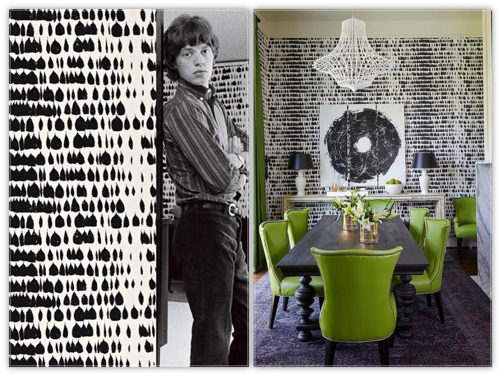 A young Mick Jagger Stand s in front of queen of spain Wallpaper (schumacher) in the 1960's and a recent dining room done in the same paper