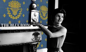 Jackie Kennedy shows off the classic Schumacher Lampas wallpaper in her 1962 tour of the newly renovated White House