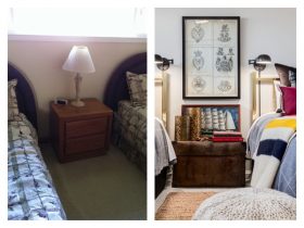 a before and after makeover of a twin bedroom - a few Canadian touches add patriotic charm