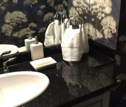 simple white decor sits on a black granite counter top in a boldly papered powder room